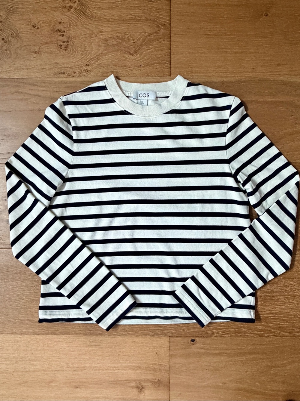 COS Clean Cut Striped Long Sleeve Tee Heavyweight Off-White Navy Breton Wms S